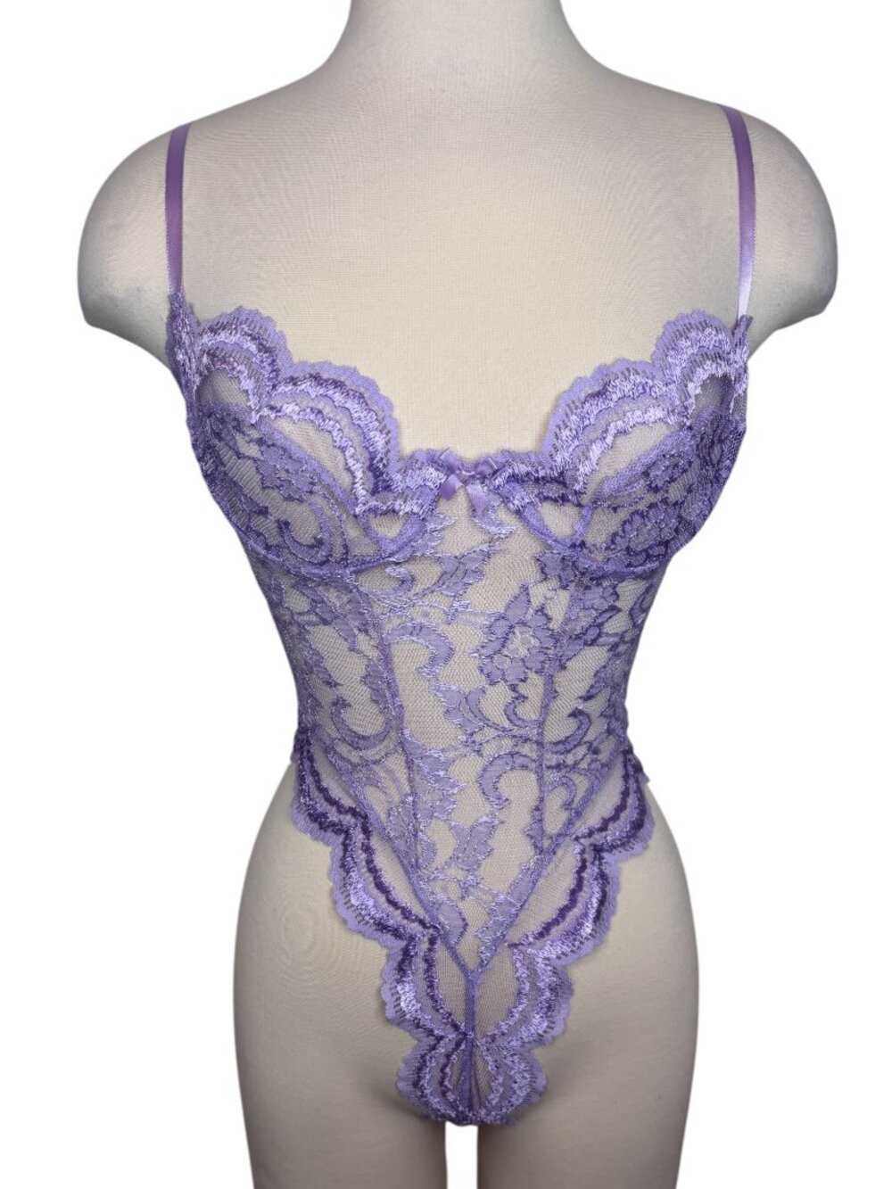 Vintage Frederick's of Hollywood Purple Sheer Lace Teddy Bodysuit Size Small